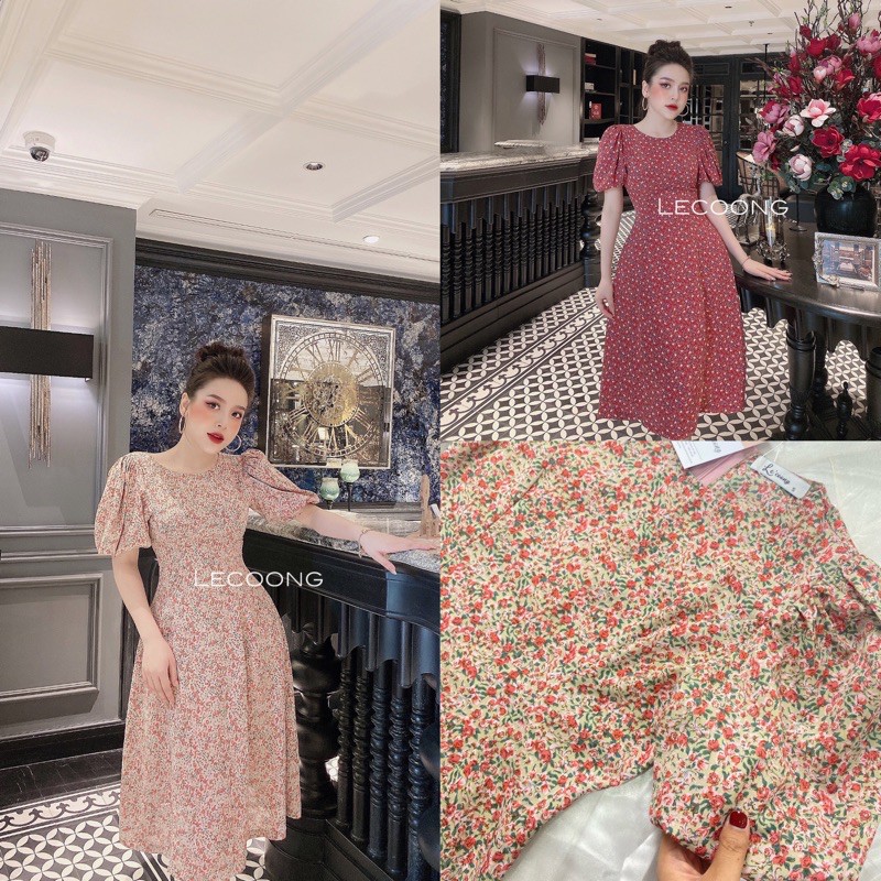 Váy đầm hoa nhí thiết kế thanh lịch đuôi cá kết hợp tay bồng dài qua gối hai màu đỏ/be_LeCoong V92