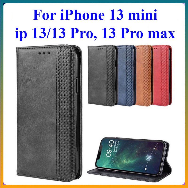 Bao da dạng ví iPhone 13 Pro max, ip 13, 13 Pro, 13 mini có nắp gập, ngăn đựng thẻ tiền tiện lợi