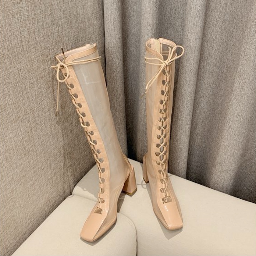 [ Ảnh thật] Boot lưới màu nude cột dây mũi vuông SÀNH ĐIỆU GCC0502