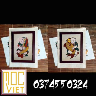 Cặp Tranh Đông Hồ Em bé ôm cá - Em bé ôm tôm - 26x36 cm - Tranh Khung
