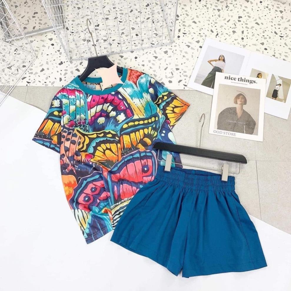 Đồ Bộ Nữ Mặc Nhà LATO,  Bộ Thể Thao Nữ  Áo Cổ Tròn Tay Lở Chất Lụa Họa Tiết Phối Quần Short Màu Trơn Lưng Thun | BigBuy360 - bigbuy360.vn
