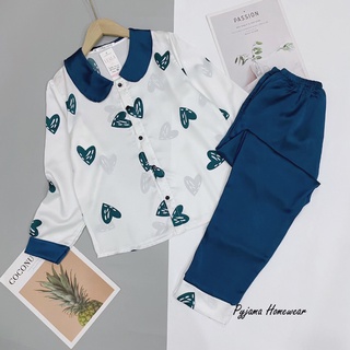 Bộ lụa satin mặc nhà dáng tay dài quần dài hoạ tiết xinh