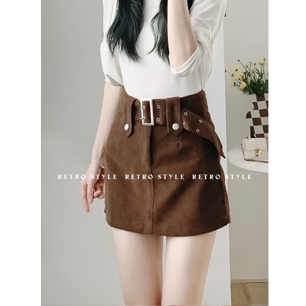 Chân váy nhung kèm đai phong cách retro mã 891