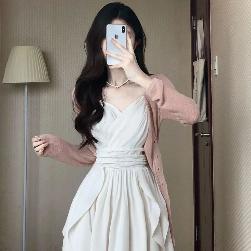 Bộ Áo Khoác Cardigan Chống Nắng Phối Đầm Hai Dây Phong Cách Hàn Quốc Thời Trang Mùa Hè 2023 Mới