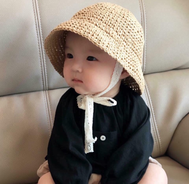 Mũ cói Ajuma cho bé từ 0-3 tuổi hàng Quảng Châu, mũ đi biển cho bé
