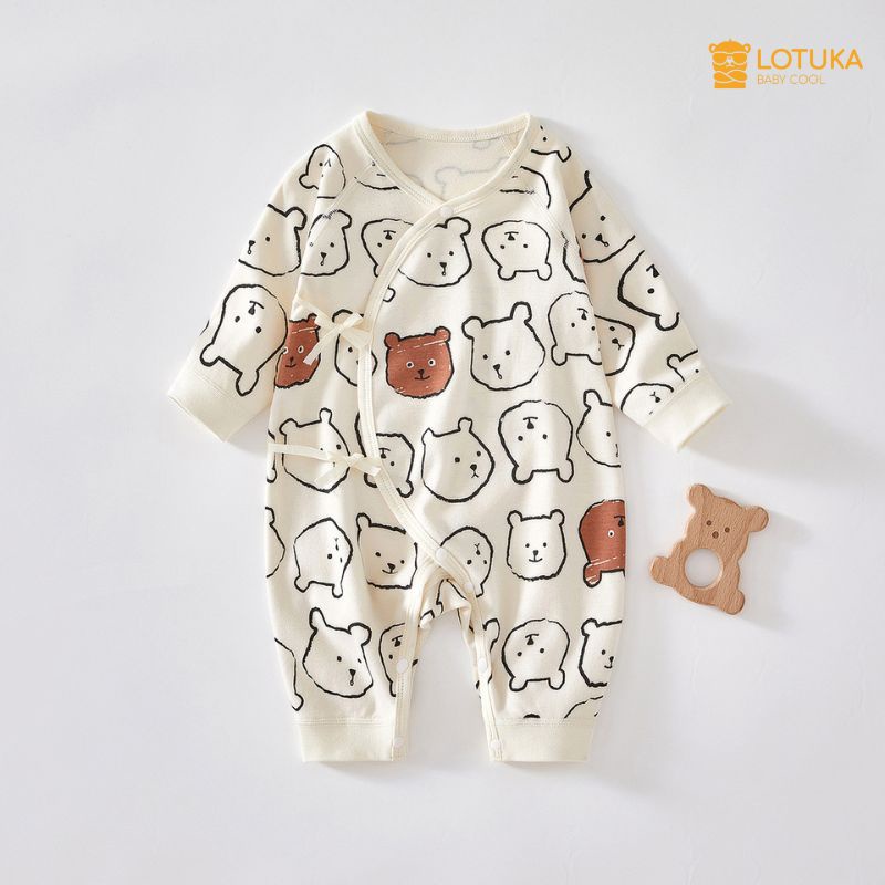 Bodysuit Dài Tay LOTUKA Đính Gấu Đáng Yêu Cho Bé 3-12kg, Bộ Đồ Liền Thân Chất Thun Cao Cấp