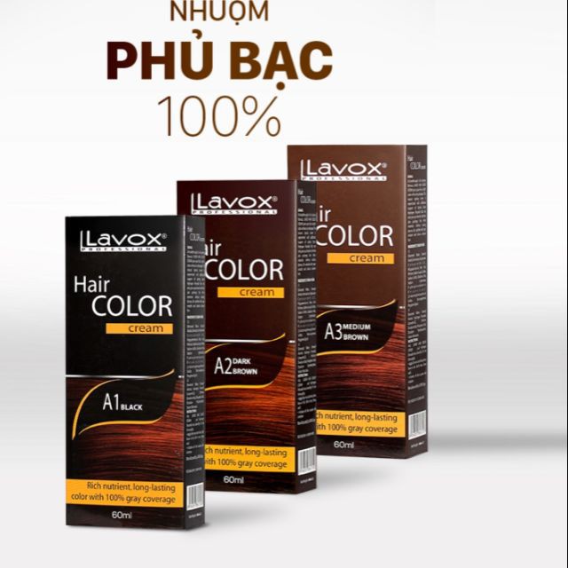 Kem thuốc nhuộm phủ bạc 100% Lavox 100ml 3 màu A1 đen, A2 nâu đen, A3 nâu