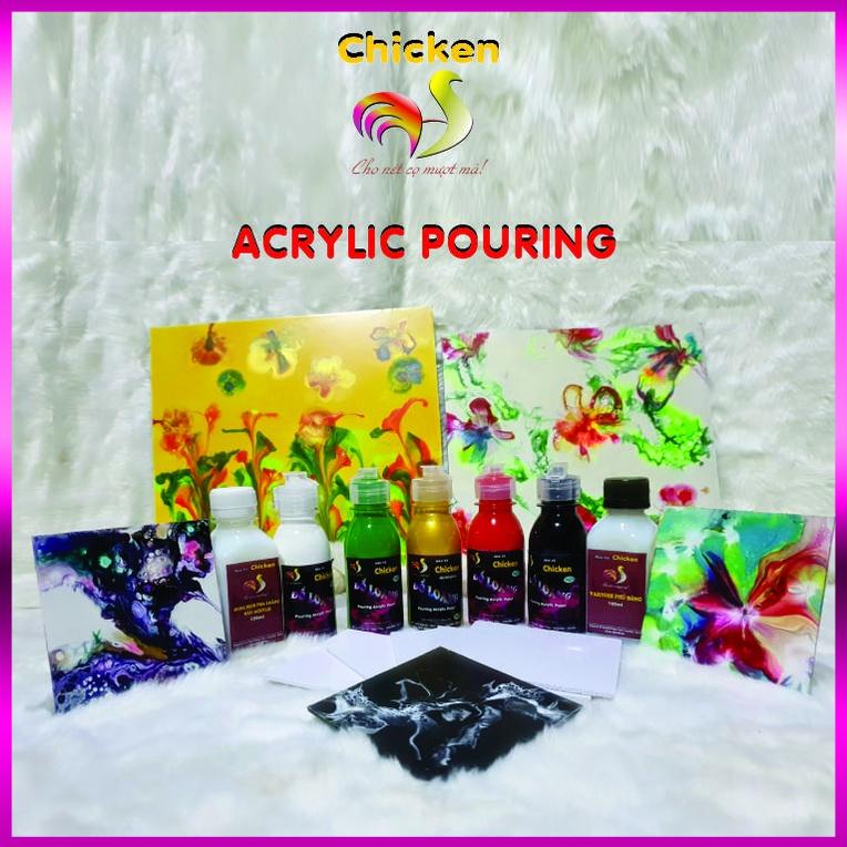 Màu Acrylic nhũ ánh kim Chicken 5D đổ màu loang tượng gấu Bearbrick, tập vẽ tranh chai 100ml