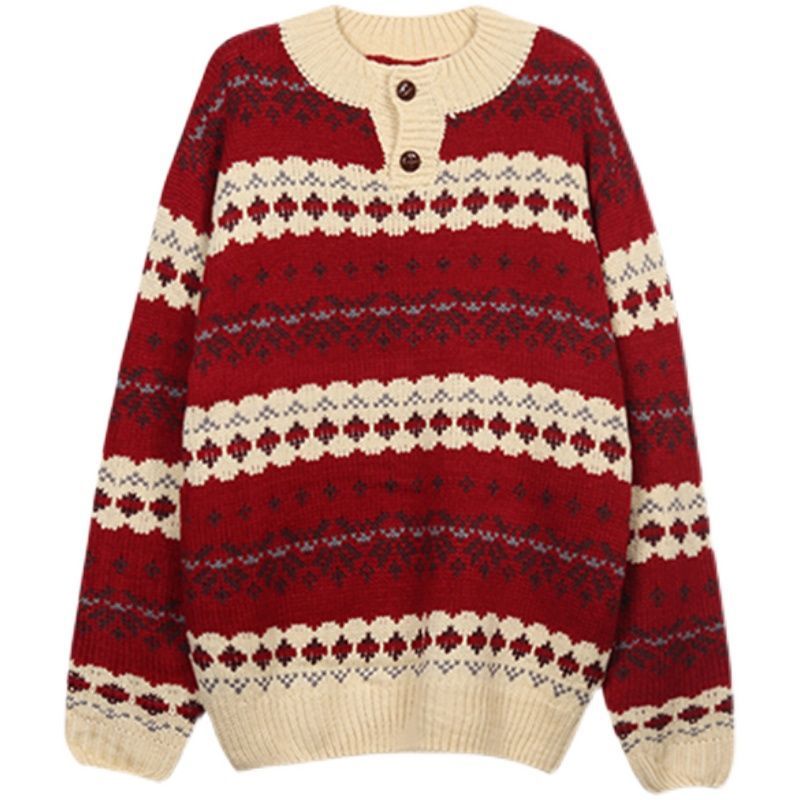 Áo sweater dệt kim tay dài thời trang năm mới phong cách retro Nhật Bản