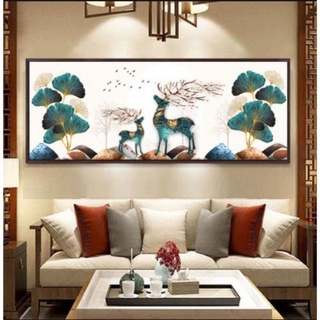 Tranh thêu kín chữ thập Phong Cảnh Hươu Nai Tài Lộc MHH0908(150x60) chưa thêu