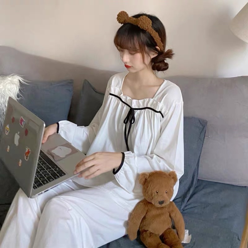 Váy ngủ dài tay cổ vuông màu trắng hoạ tiết trái tim xinh xắn, bộ ngủ tiểu thư dài tay cổ nơ siêu nhẹ