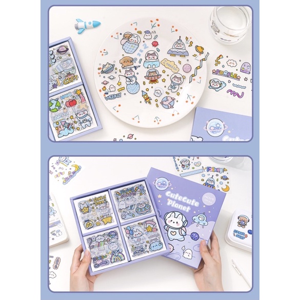 Sticker hộp 100 tấm cute CuteCute Planet  - Tặng Hình Xăm Dán