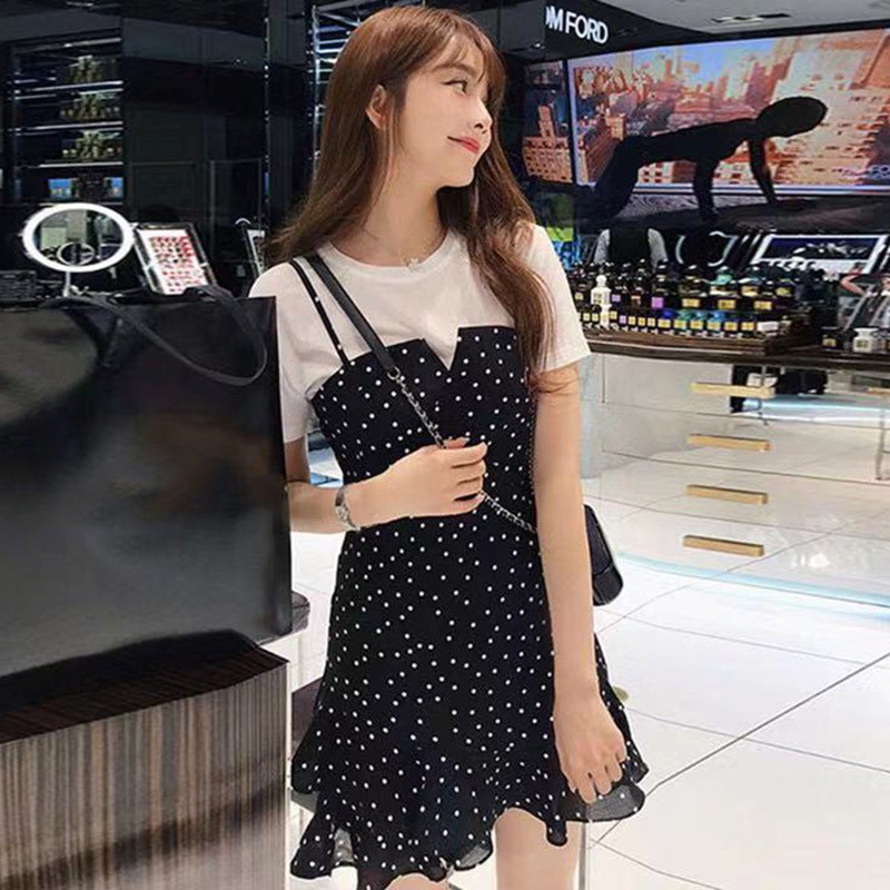 Set áo thun ngắn tay + đầm hai dây chấm bi thời trang nữ
