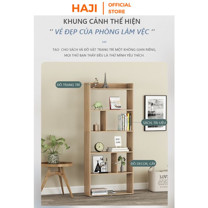 Kệ sách gỗ HAJI để sàn chắc chắn chịu lực tốt, Kệ decor 6F tiện dụng đẹp mắt phù hợp với mọi không gian trong nhà A215