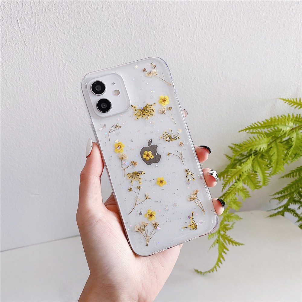 Ốp điện thoại bằng tpu mềm trong suốt trang trí hoa khô cho iphone 12 pro max 12 mini 111pro max 6s 7 8 plus se 2020