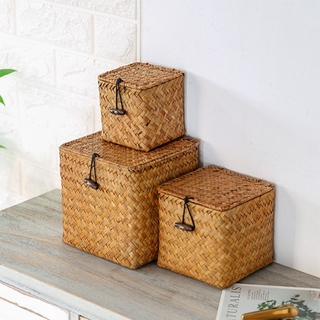 Hộp đựng khăn giấy bằng cói đan thủ công Hộp Đan Mây Thủ Công Hình Vuông Có Nắp Kích Thước 20x20x11cm