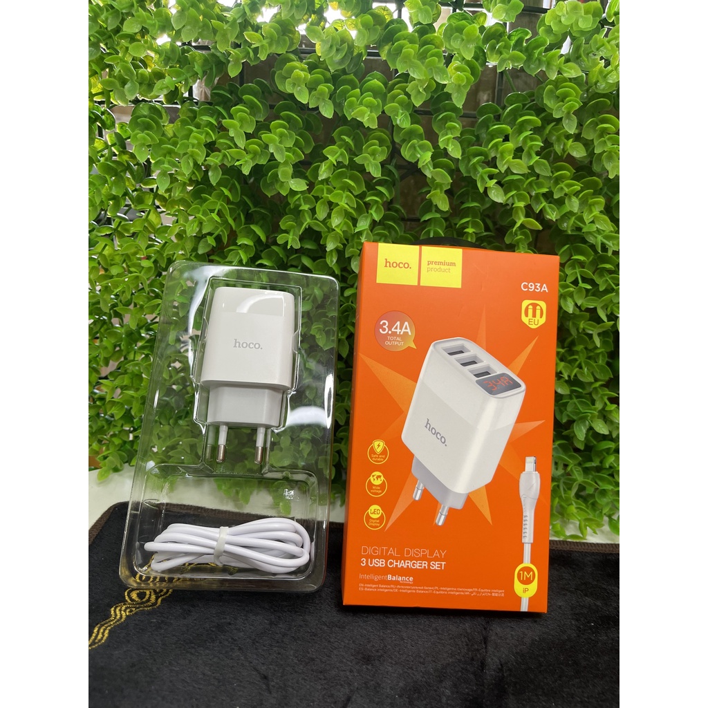 Bộ Củ Sạc Hoco C93A Với 3 Cổng USB, Đèn Led Hiển Thị Dòng Có Lựa Chọn Loại Dây Sạc Lightning, Micro, Type-C, Bộ Sạc Lẻ.