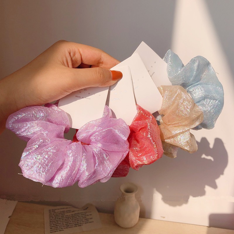 Scrunchies Dây Cột Tóc Vải Chất Giả Xà Cừ Nhám Ánh Hologram 2in1 Vòng Đeo Tay