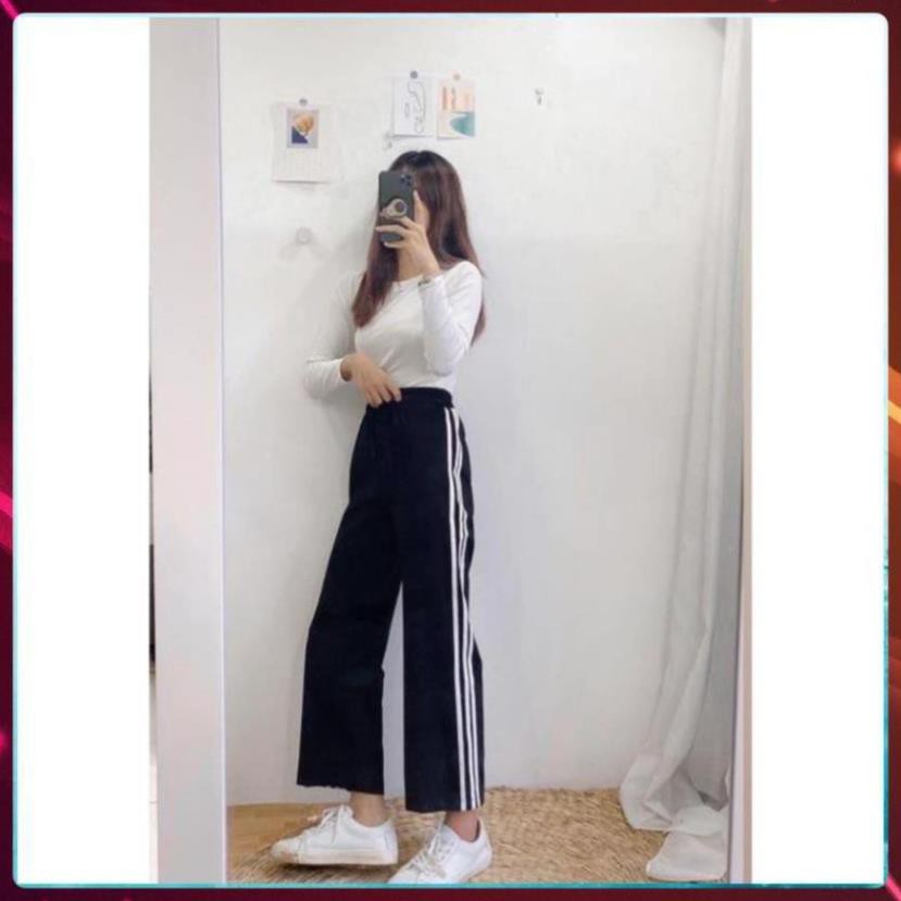 Quần Culottes Ống Suông 3 Sọc, Quần Ống Rộng Chất Thun Dày Dặn Hàng Có Size Cạp Chun Unisex Nam Nữ  ྇