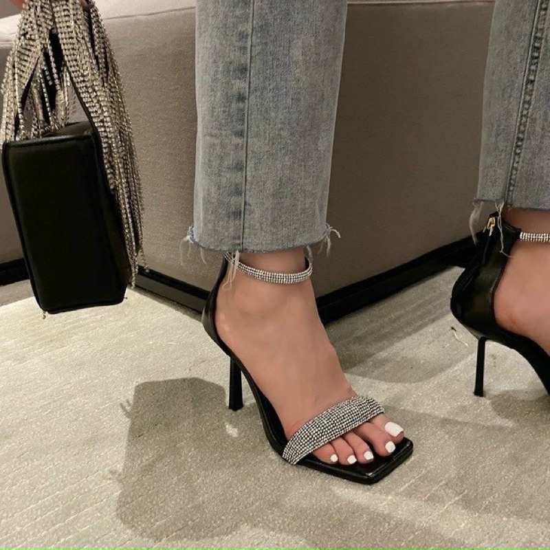 GIÀY SANDAL QUAI XOÀN CAO GÓT BỌC 9CM  ĐẾ NHỌN 5P QUAI ĐÍNH ĐÁ HOT