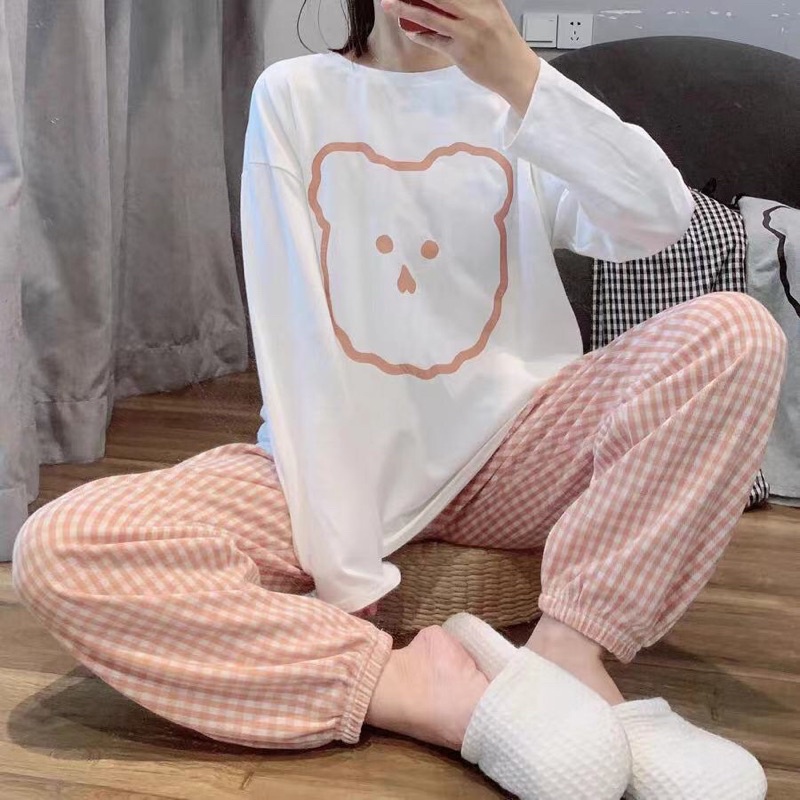 Đồ Bộ Nữ Hình Gấu Sọc Caro Siêu Xinh, Bộ Đồ Ngủ Thu Đông Pyjama Dài Tay Mặc Nhà Cotton Mềm Ulzzang Hàn Quốc 2021 | BigBuy360 - bigbuy360.vn