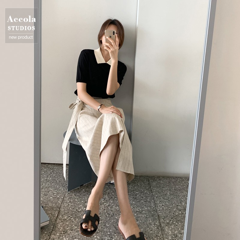 (HÀNG SẴN) Áo sơ mi cộc tay cổ bẻ POLO phối màu đen trắng đơn giản thanh lịch style công sở Hàn Quốc | WebRaoVat - webraovat.net.vn