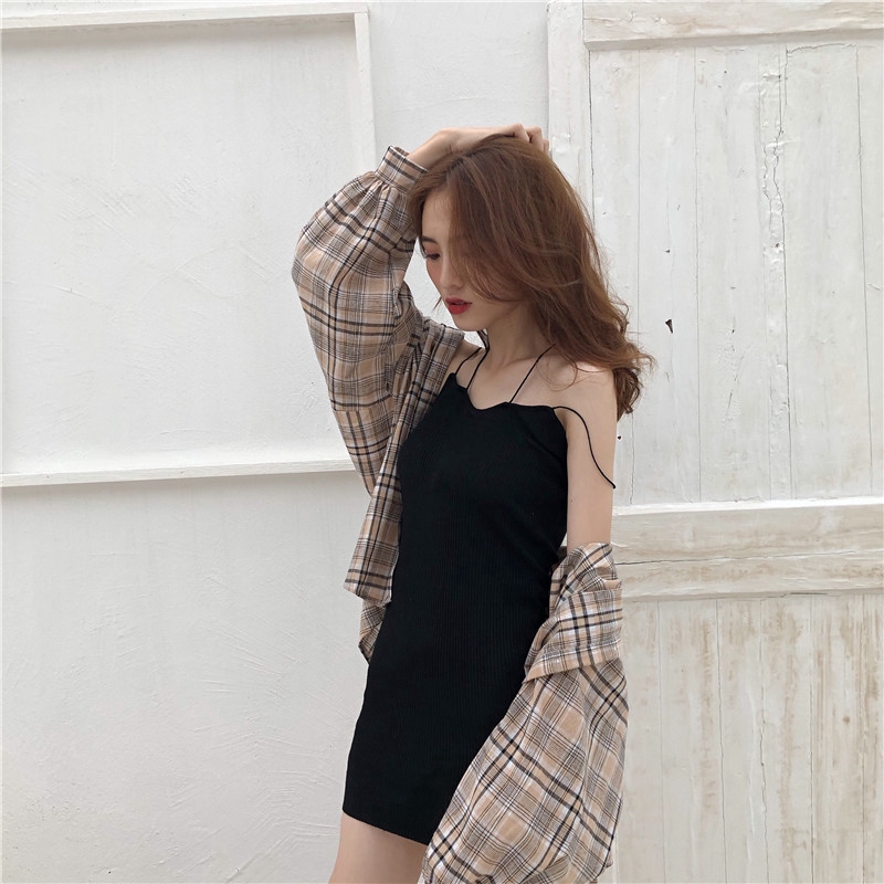 SUXI Áo khoác sơ mi caro / Đầm hai dây phong cách Hàn Quốc thời trang cho nữ