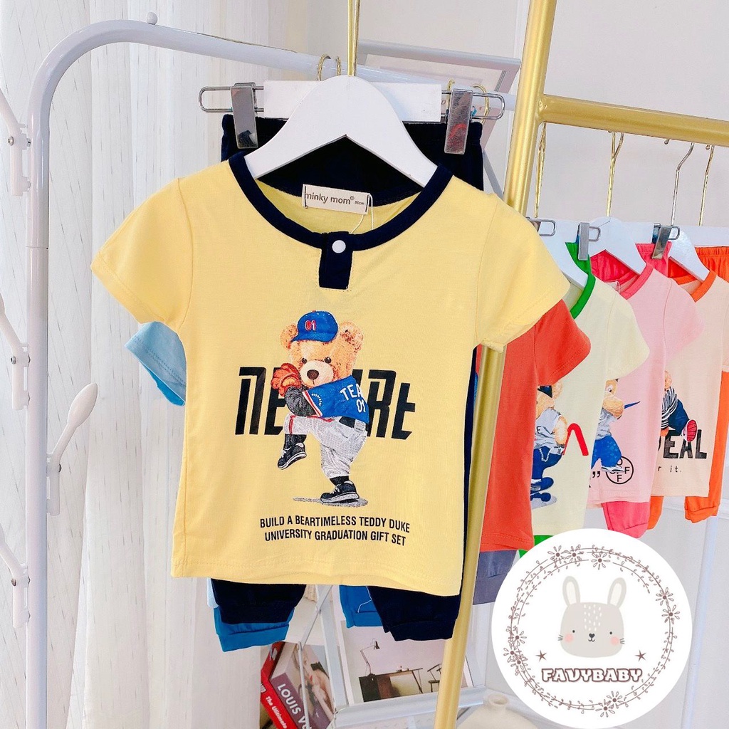 Bộ Áo Cộc Quần Dài MINKY MOM Chính Hãng Bé Trai Bé Gái Thun Lạnh Hình in Gấu Thể Thao Cho Bé 0 1 2 3 4 5 Tuổi - Favybaby