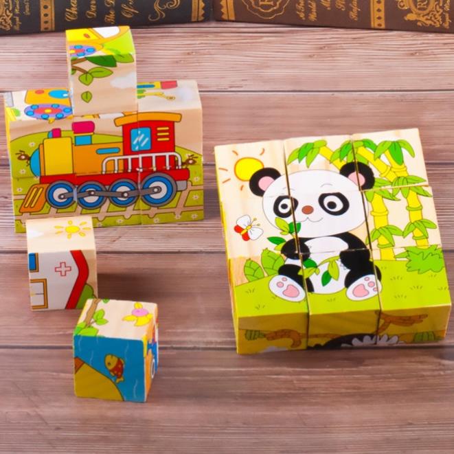 Đồ chơi Bapkids Xếp hình 9 khối gỗ 6 mặt tranh khác nhau