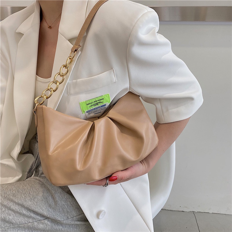 Túi đeo chéo ELGY màu trơn có dây xích thiết kế đơn giản phong cách retro hợp thời trang cho nữ