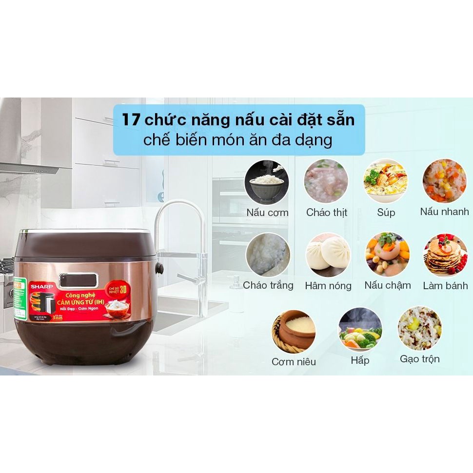 Nồi cơm cao tần Sharp 1.8 lít KS-IH191V-BK Mới 100% -Công suất 1300 W Lòng nồi dày 3.127 mm phủ chống dính