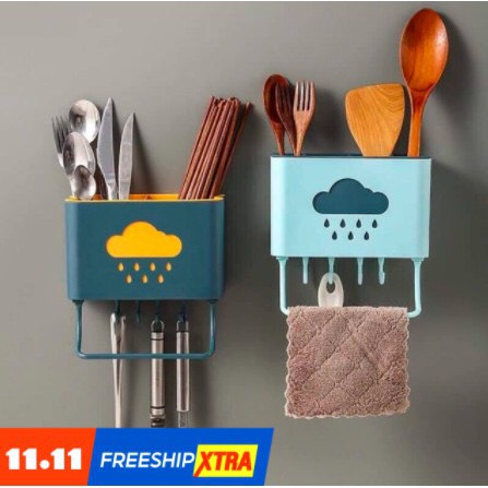 Ống đũa treo tường đám mây tiết kiệm diện tích có móc treo dụng cụ nhà bếp đa năng, tiện lợi