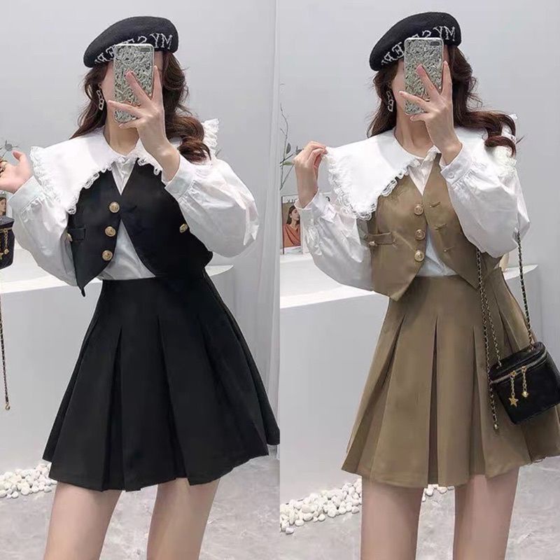 ẢNH thật Háng loại 1 set áo sơ mi bánh bèo phôi gile kèm váy xoè tiểu thư siêu trẻ trung phong cách tỷ tỷ trung quốc