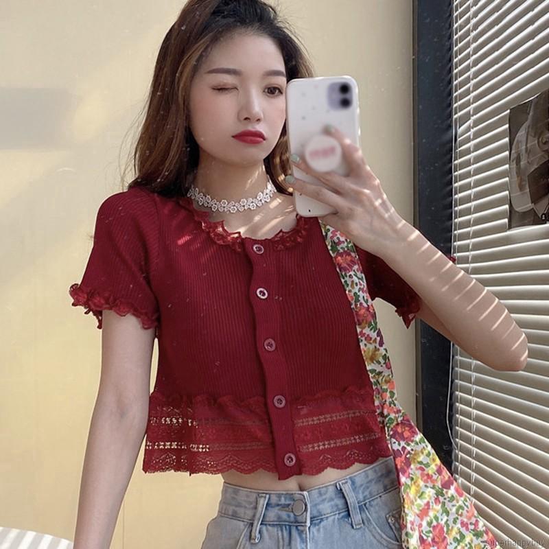 Áo Croptop Dệt Kim Tay Ngắn Phối Nút Thiết Kế Hợp Thời Trang