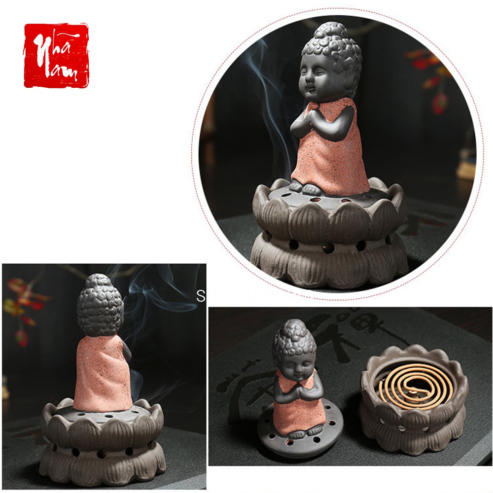 Lư xông trầm hương hình phật đỉnh đốt nhang gốm sứ tử sa tặng 1 nụ trầm hương Linh Tâm