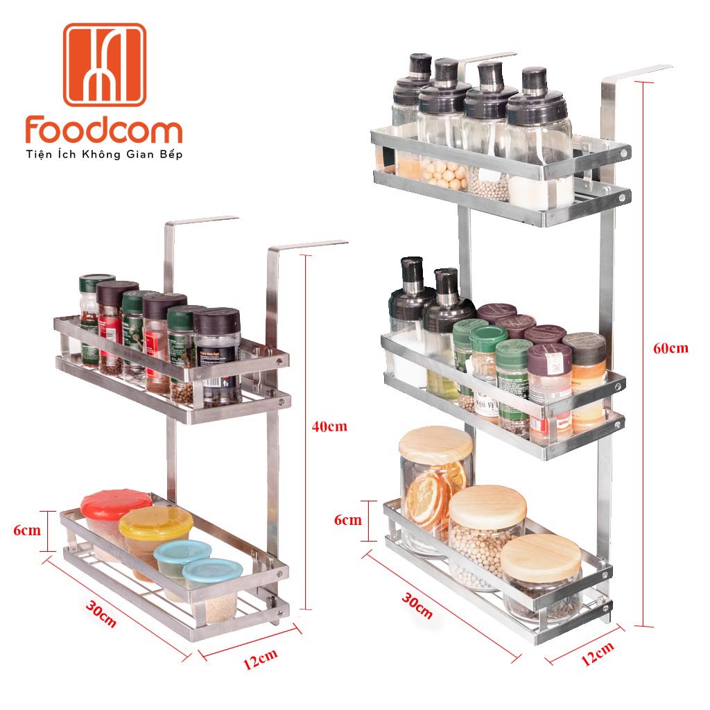 Kệ treo tủ lạnh 2 tầng Foodcom, chất liệu inox cao cấp có keo 3M chắc chắn, đựng đồ tiện dụng.