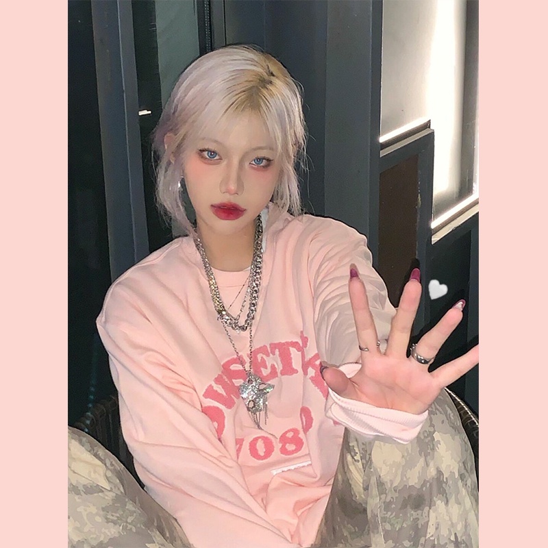 Áo thun nữ tay dài dáng rộng in chữ phong cách Hàn Quốc