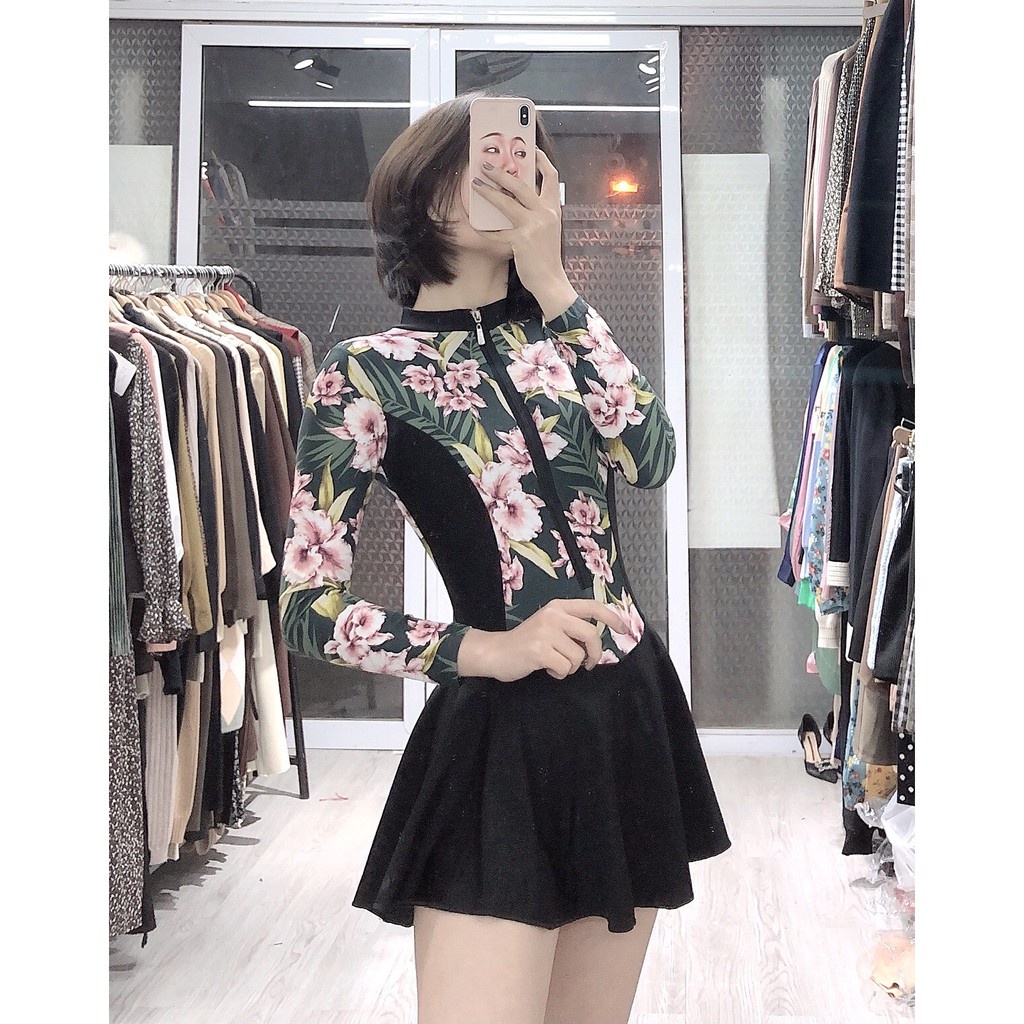 Bikini đồ bơi 1 mảnh liền thân dáng váy quần bikini họa tiết hoa mặc đi biển đi bơi LM002