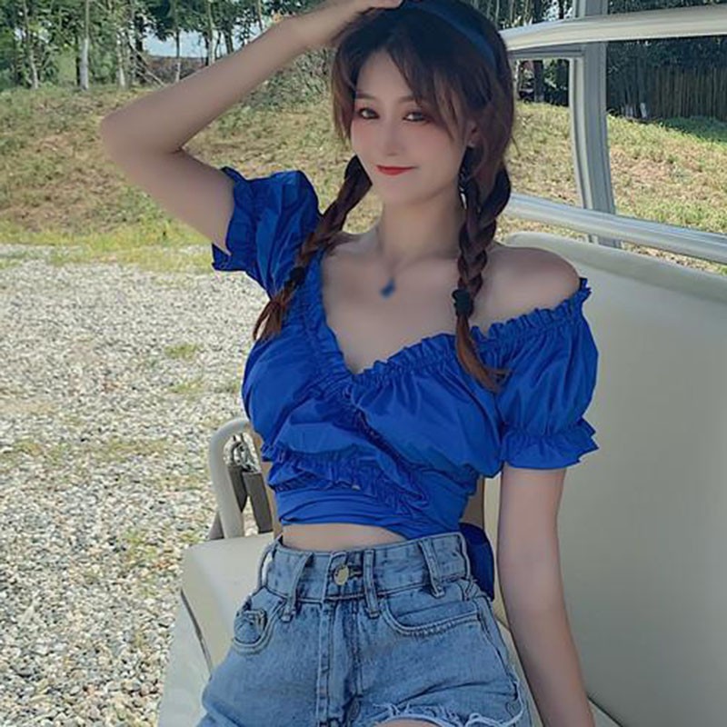 Summer Women's SexySolid V-Neck Exposed Navel Short Sleeve Shirt