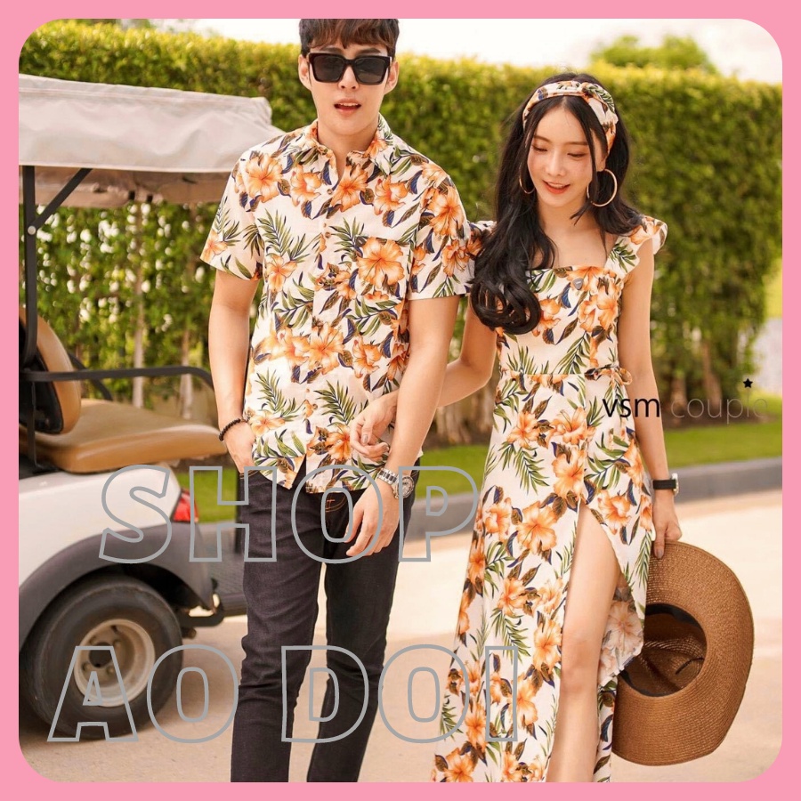 Bộ áo váy sơ mi cặp cao cấp, đồ đôi nam nữ dễ thương, chất đẹp để chụp hình cưới, đi du lịch