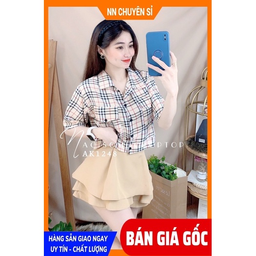 Áo sơ mi nữ phom croptop phối sọc BBR chất vải mềm mịn dễ thương  Áo kiểu nữ AK1248