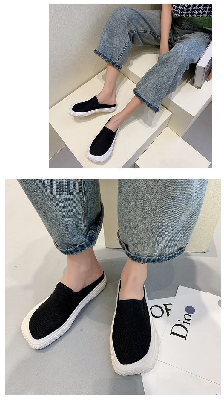 Fashion Ulzzang Lazyshoes Flat Canvas Half Slippers for Women