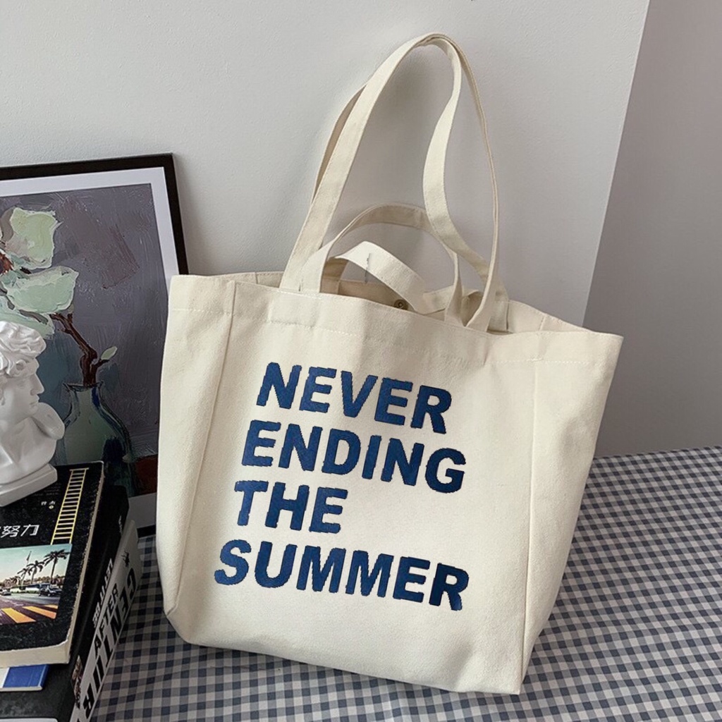 Túi tote HAZIN size lớn vải canvas ulzzang unisex Never Ending  có khoá miệng ngăn phụ đi học đi chơi đựng vừa khổ a4