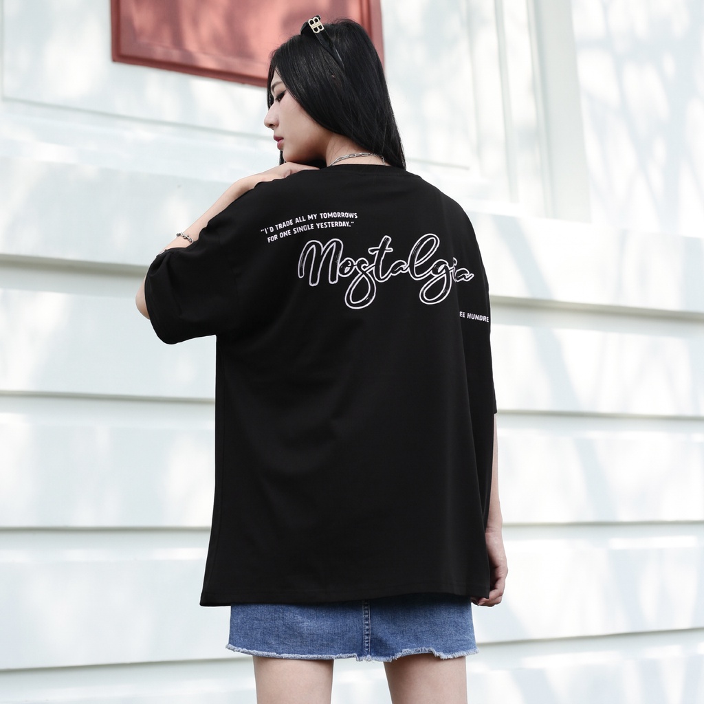 Áo Thun Đen In Chữ Nostalgia Màu Trắng Chất Liệu 100% Cotton Form Rộng Thoải Mái Unisex Nam Nữ