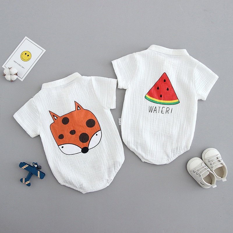 Bộ áo liền quần tay ngắn cotton in họa tiết hoạt hình kiểu Hàn Quốc thời trang cho bé sơ sinh