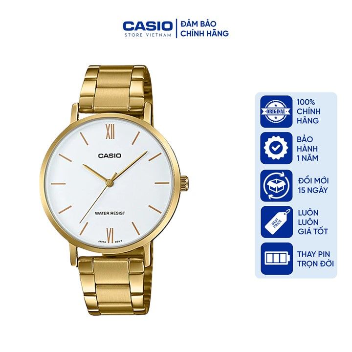 Đồng hồ Nữ Casio LTP-VT01G-7B, đồng hồ chính hãng, dây vàng mặt trắng