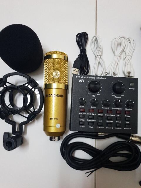 Combo thu âm livestreams mic BM-900 + sound card v8 quốc tế + tripod máy ảnh