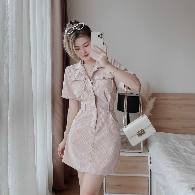 Đầm nhung túi hộp cổ sơ mi, Váy Nhung Dáng Ngắn Siêu Xinh