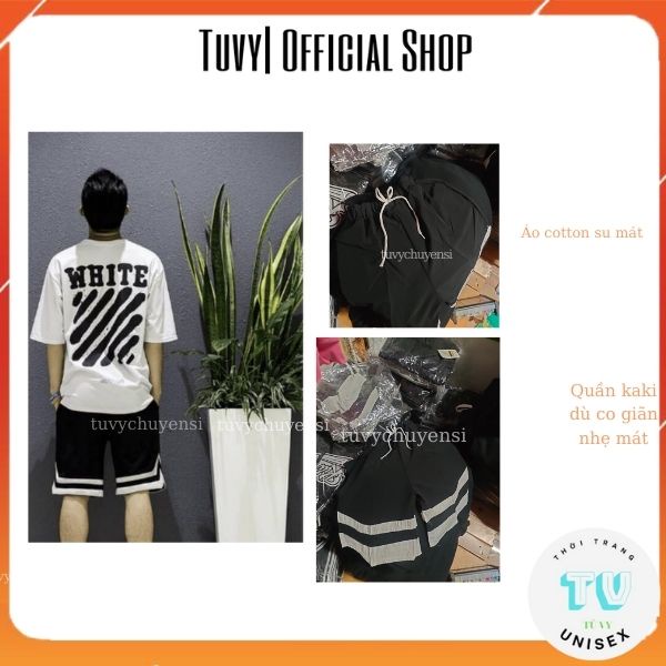 Bộ Thể Thao Nam TUVYSHOP Combo Quần 2V + Áo Thun Off-White Cotton Mát Hút Mồ Hôi