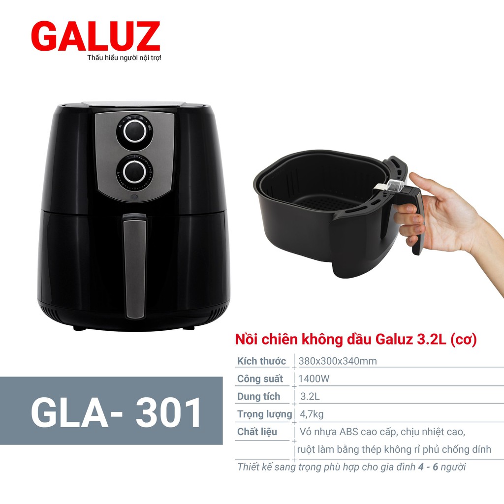 Nồi Chiên Không Dầu Pháp Galuz GLA-301- bảo hành 1 đổi 1 trong 18 tháng chính hãng